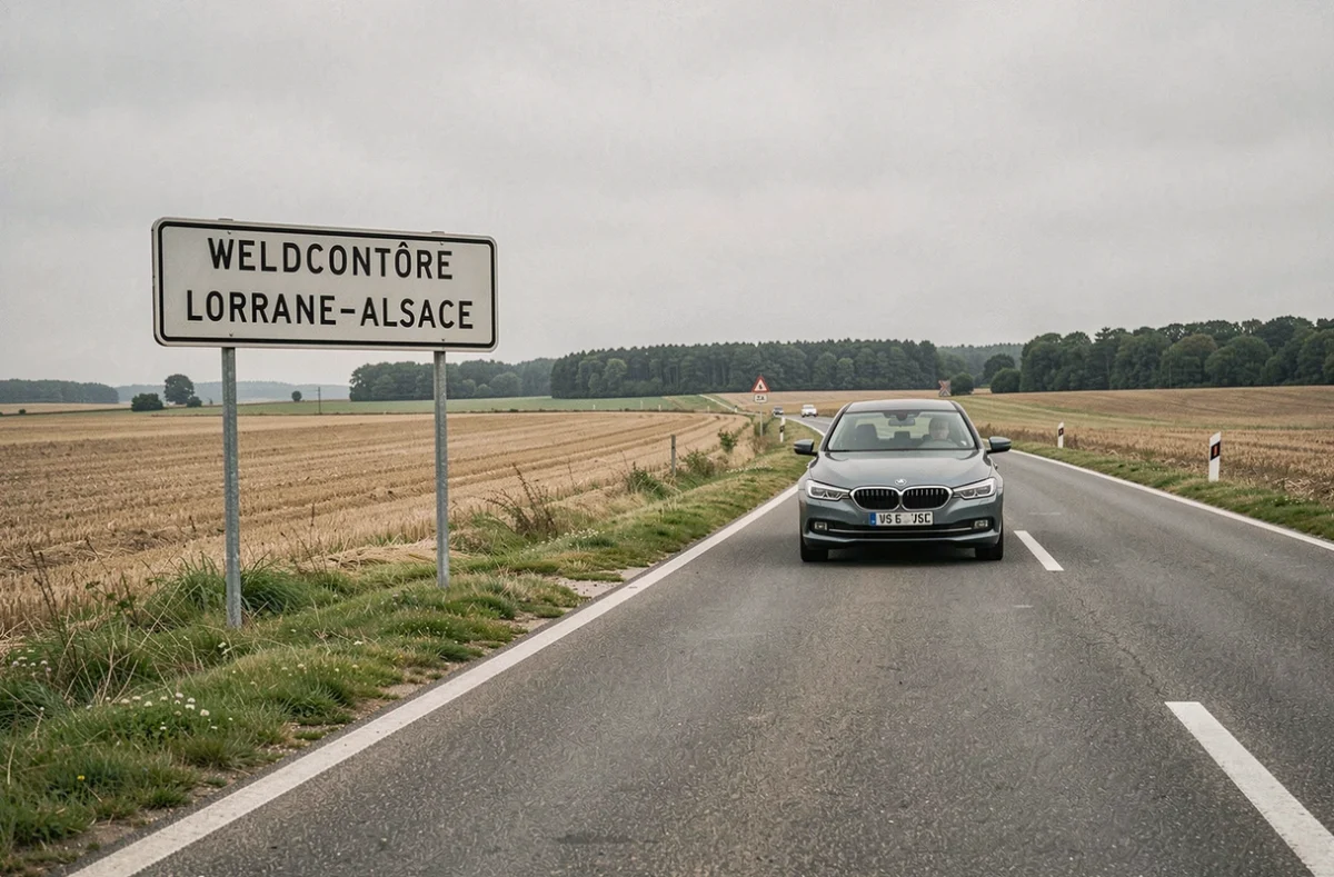 Panneau d'entrée de ville sur une route départementale donnant accès à Saralbe avec paysage agricole