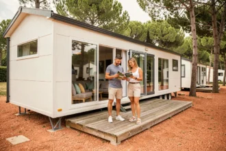 Couple comparant des brochures de mobil-homes devant un modèle moderne installé sur un camping en France