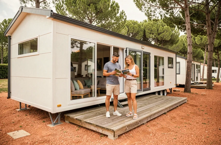 Couple comparant des brochures de mobil-homes devant un modèle moderne installé sur un camping en France