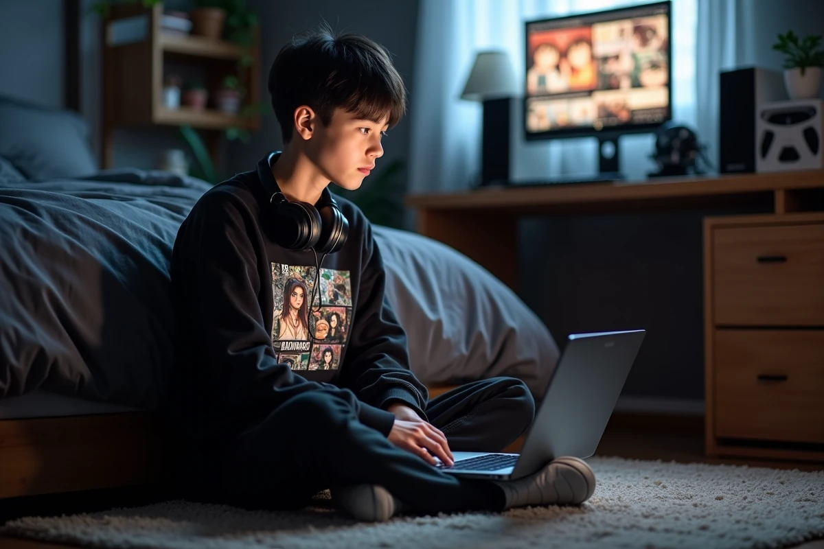 Adolescent parcourant un site officiel de lecture de manga sur ordinateur portable dans sa chambre, illustrant comment accéder légalement aux scans de Solo Leveling en français