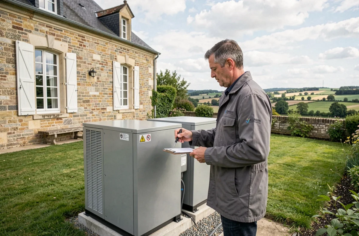 Technicien Amboise Energie inspectant une pompe à chaleur installée dans le jardin d'une maison en pierre à Amboise