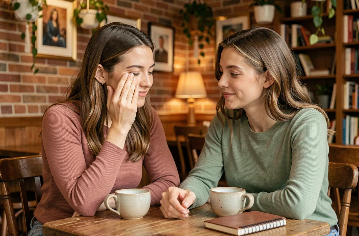 Deux amies partageant un moment d'amitié sincère et émouvant dans un café chaleureux, une larme sur la joue