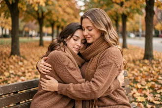 Deux amies s'étreignant tendrement sur un banc de parc en automne, exprimant une amitié sincère et émouvante