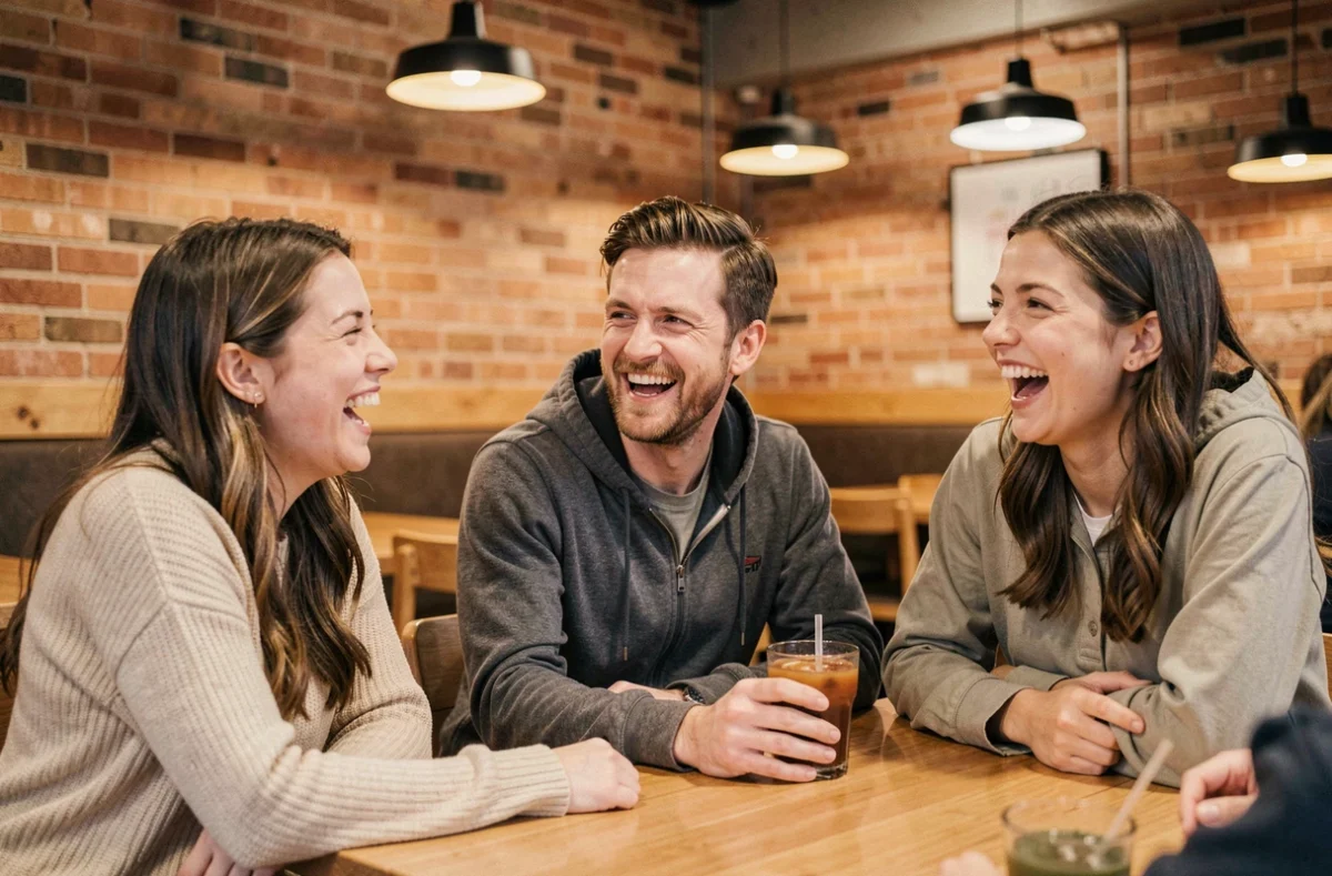 Groupe d'amis hilares au restaurant réagissant à une phrase de drague ridicule