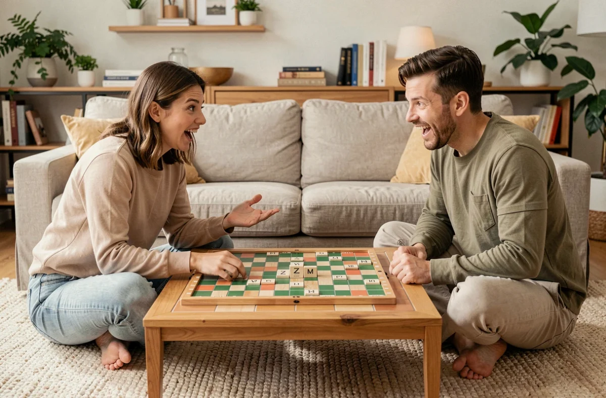 Deux amis jouant au Scrabble dans un salon moderne avec la lettre Z posée sur le plateau de jeu