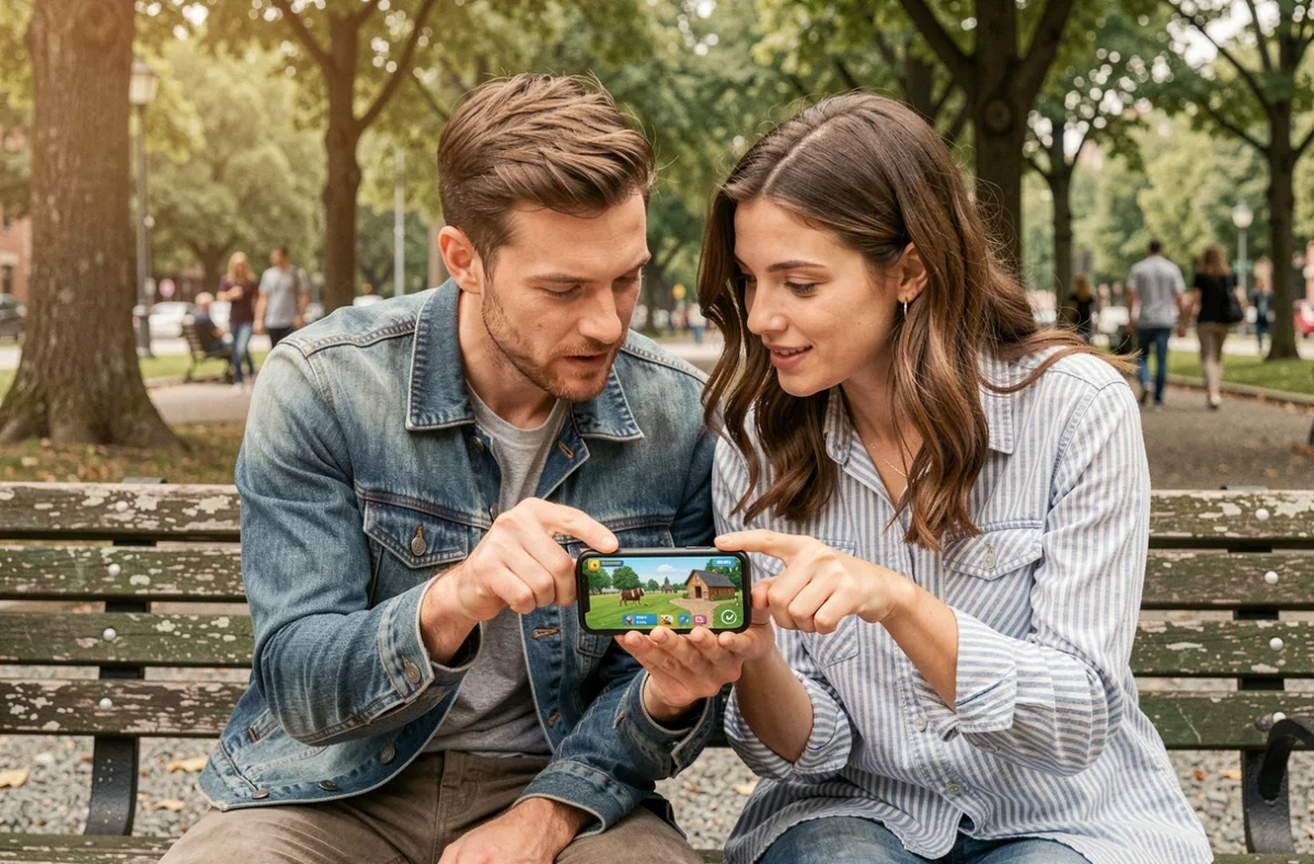 Deux amis partageant des stratégies avancées Hay Day sur smartphone dans un parc sans dépenser
