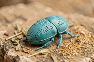 Amulette scarabée égyptien en turquoise sculptée posée sur une surface en grès avec des herbes séchées et du sable doré