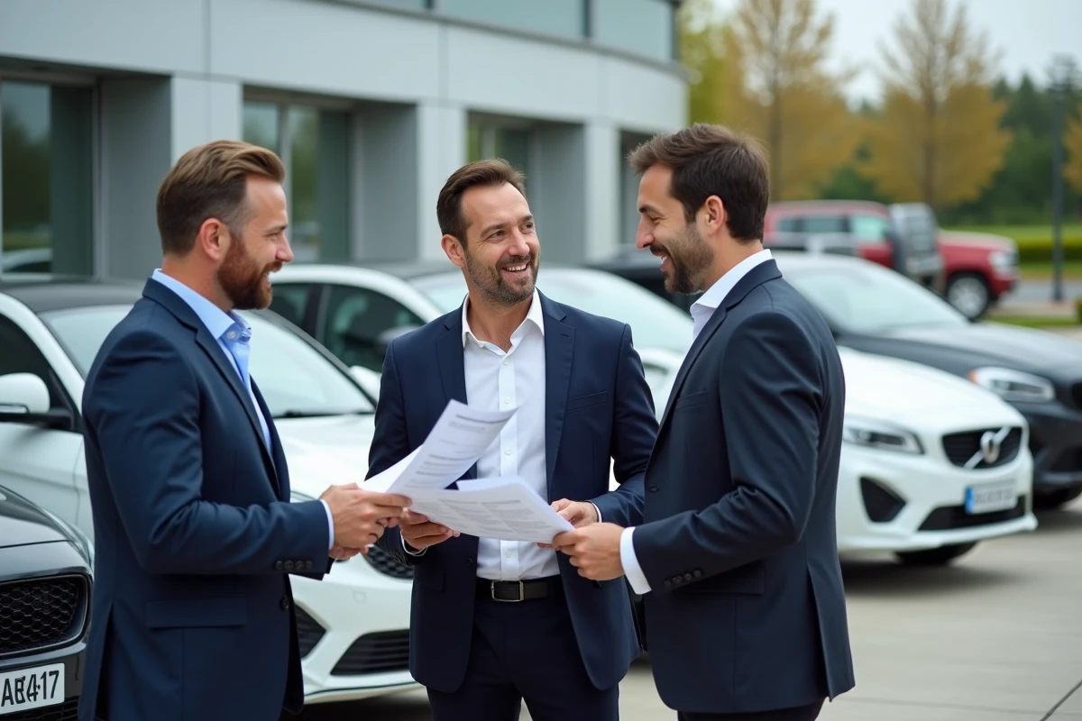 Groupe d’analystes automobiles discutant devant des voitures neuves