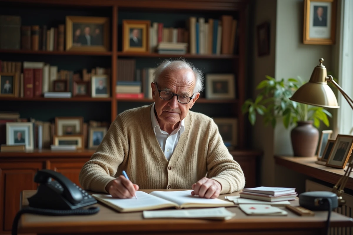 Un homme âgé consulte un annuaire téléphonique papier pour trouver le numéro d'un particulier dans un bureau à domicile en France