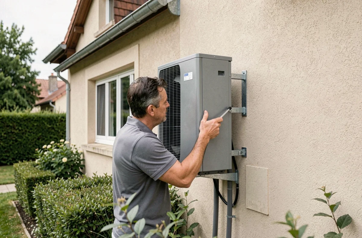 Spécialiste APC 37 en train d'installer une pompe à chaleur air-air sur la façade d'une maison en Indre-et-Loire