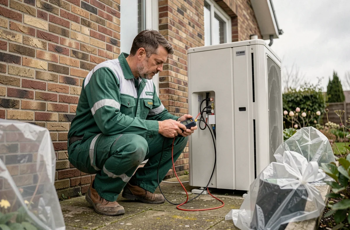 Technicien d'Aqua Chauff Energy vérifiant les connexions d'une pompe à chaleur sur une maison en brique du Nord