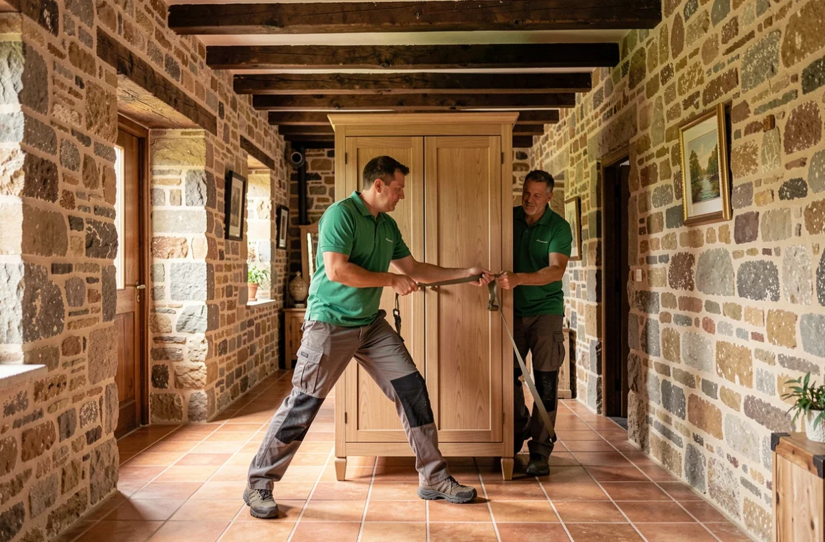 Déménageurs d'Aquitaine Béarn Charles Destandau manœuvrant une armoire dans une maison béarnaise traditionnelle