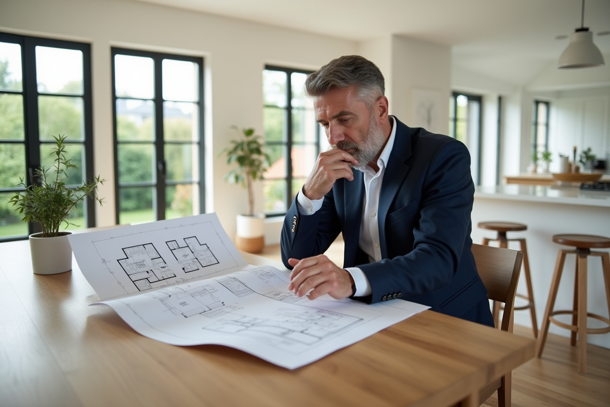 Architecte examinant plans dans une maison Natilia lumineuse