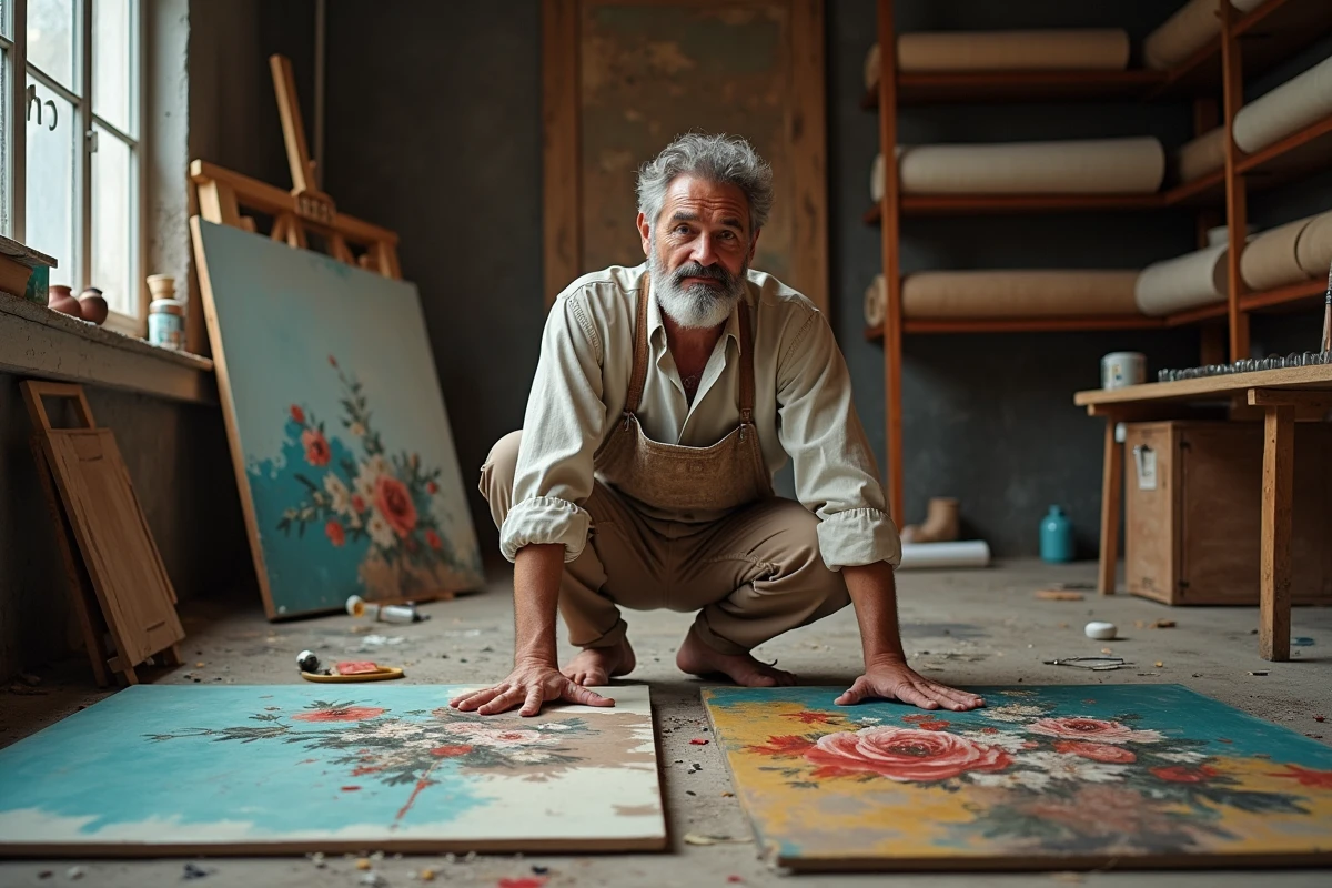 Artiste en atelier comparant une œuvre d'art contemporain en techniques mixtes et une reproduction classique à l'huile sur le sol