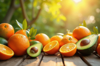 Assortiment de fruits riches en vitamine D sur une table ensoleillee