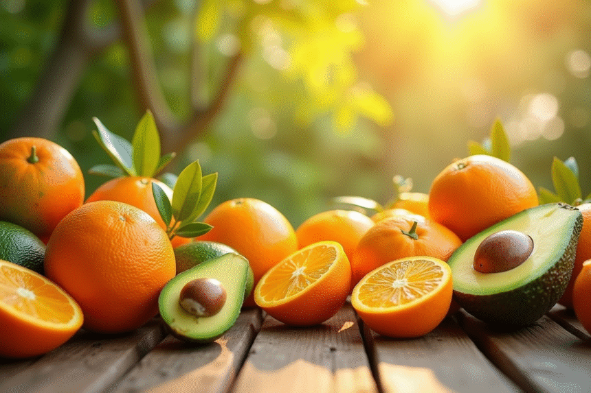 Assortiment de fruits riches en vitamine D sur une table ensoleillee
