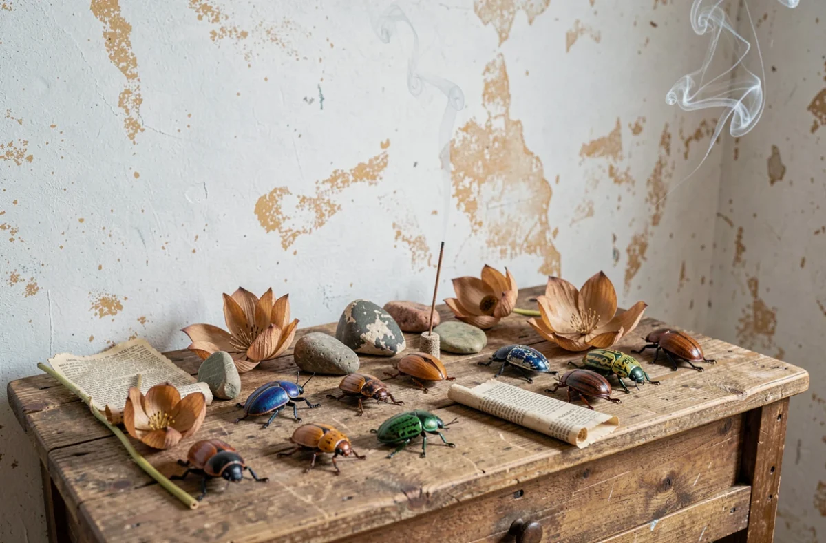 Autel rituel égyptien avec figurines de scarabées en faïence, fleurs de lotus séchées et encens pour activer l'énergie protectrice