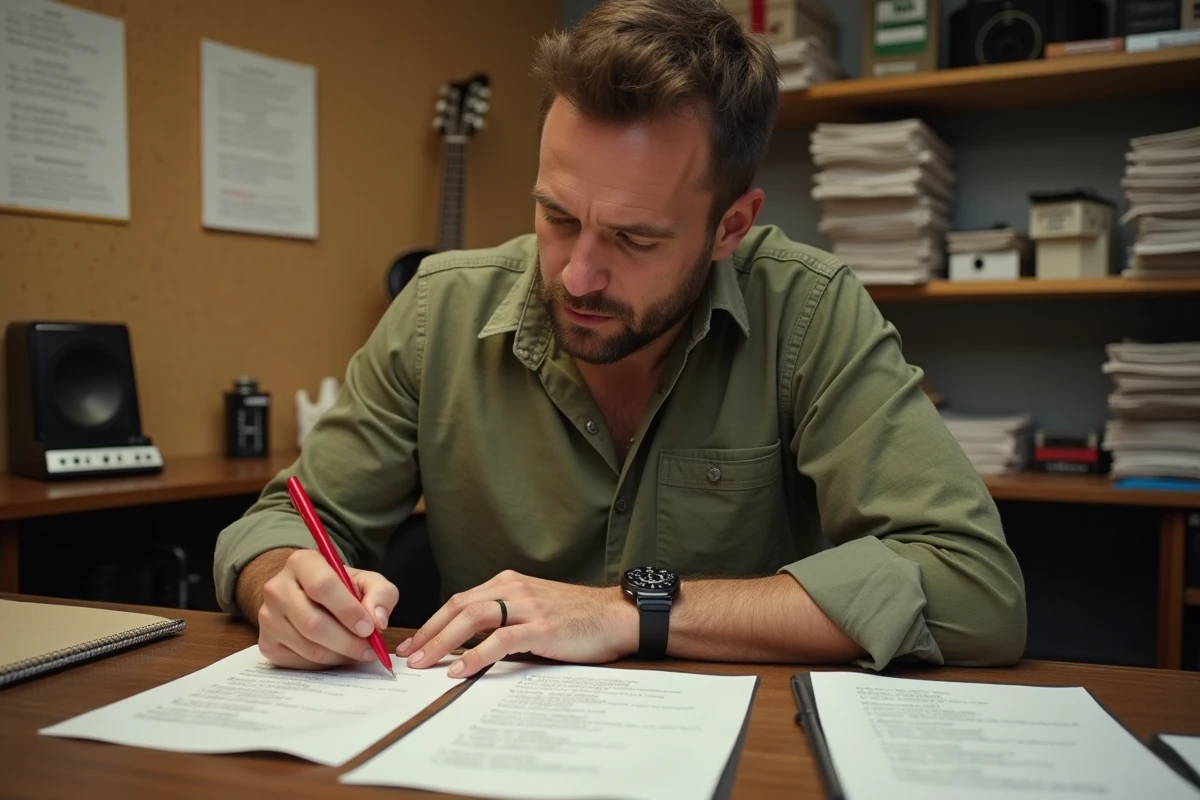 Auteur-compositeur annotant des paroles de chanson imprimées dans un studio de répétition encombré