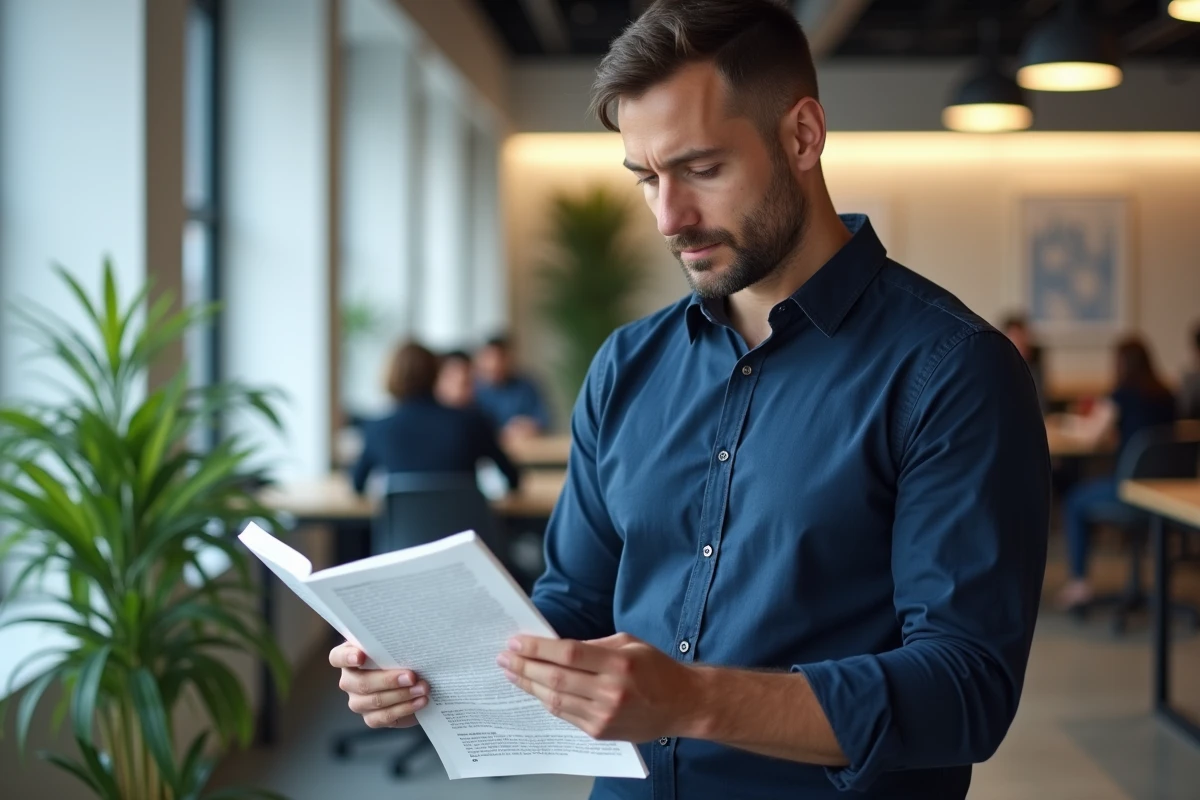 Auteur masculin relisant un manuscrit d'ebook dans un espace de coworking moderne pour la publication sur KDP Select