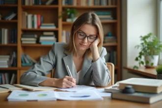 Femme auteure analysant le prix de vente d'un livre broché à son bureau avec des feuilles de calcul et des livres ouverts