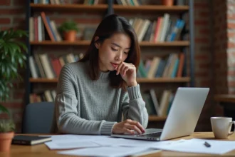 Auteure indépendante comparant les options de publication Kindle Direct Publishing sur son ordinateur portable dans un bureau à domicile