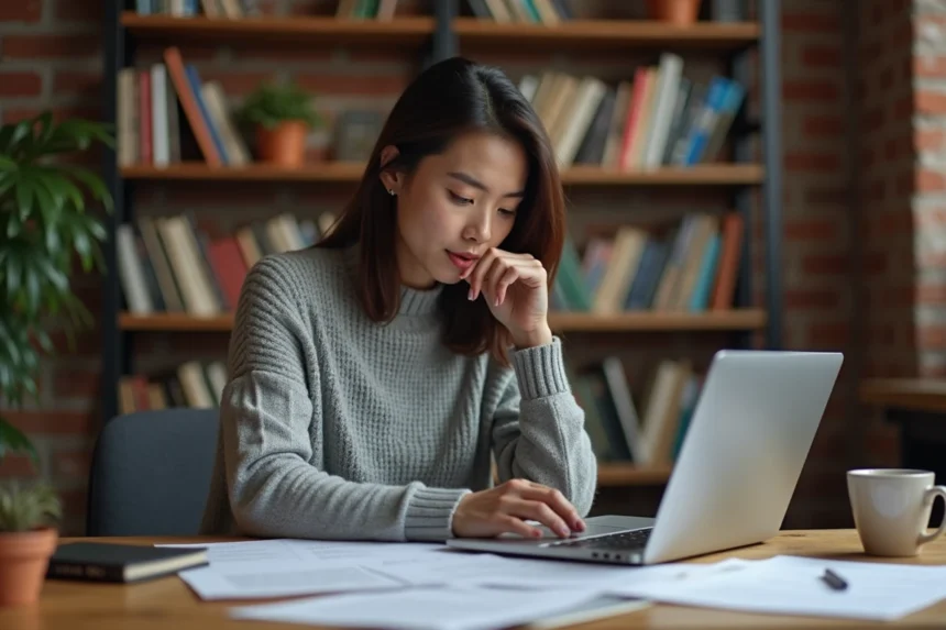 Auteure indépendante comparant les options de publication Kindle Direct Publishing sur son ordinateur portable dans un bureau à domicile