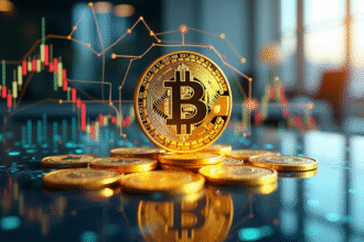 Bitcoin doré avec graphiques financiers holographiques modernes