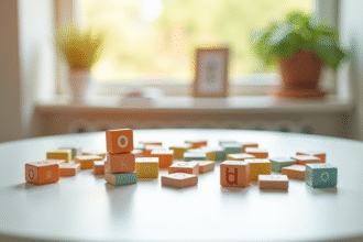 Blocs en bois colorés avec la lettre O sur une table lumineuse
