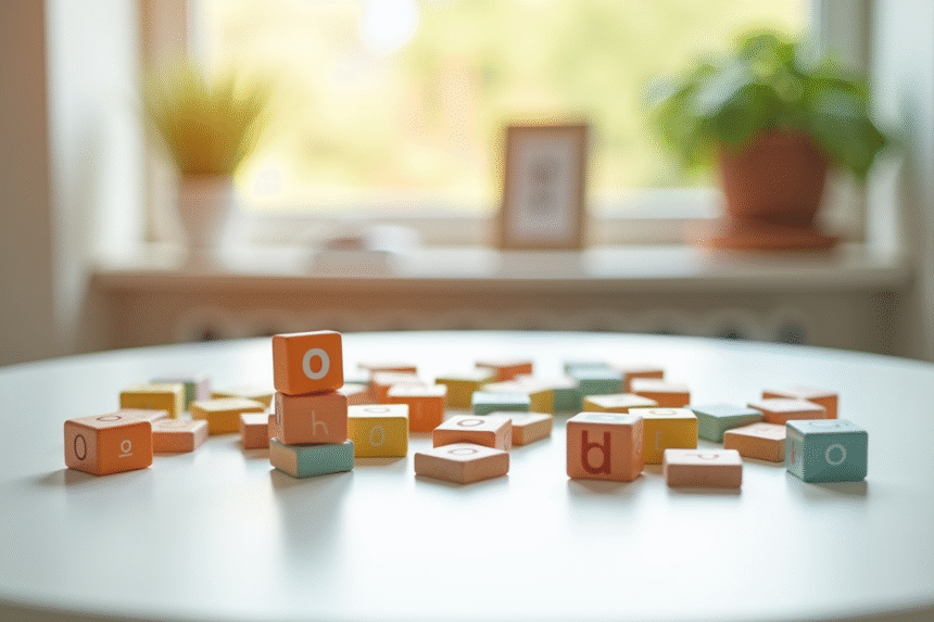 Blocs en bois colorés avec la lettre O sur une table lumineuse