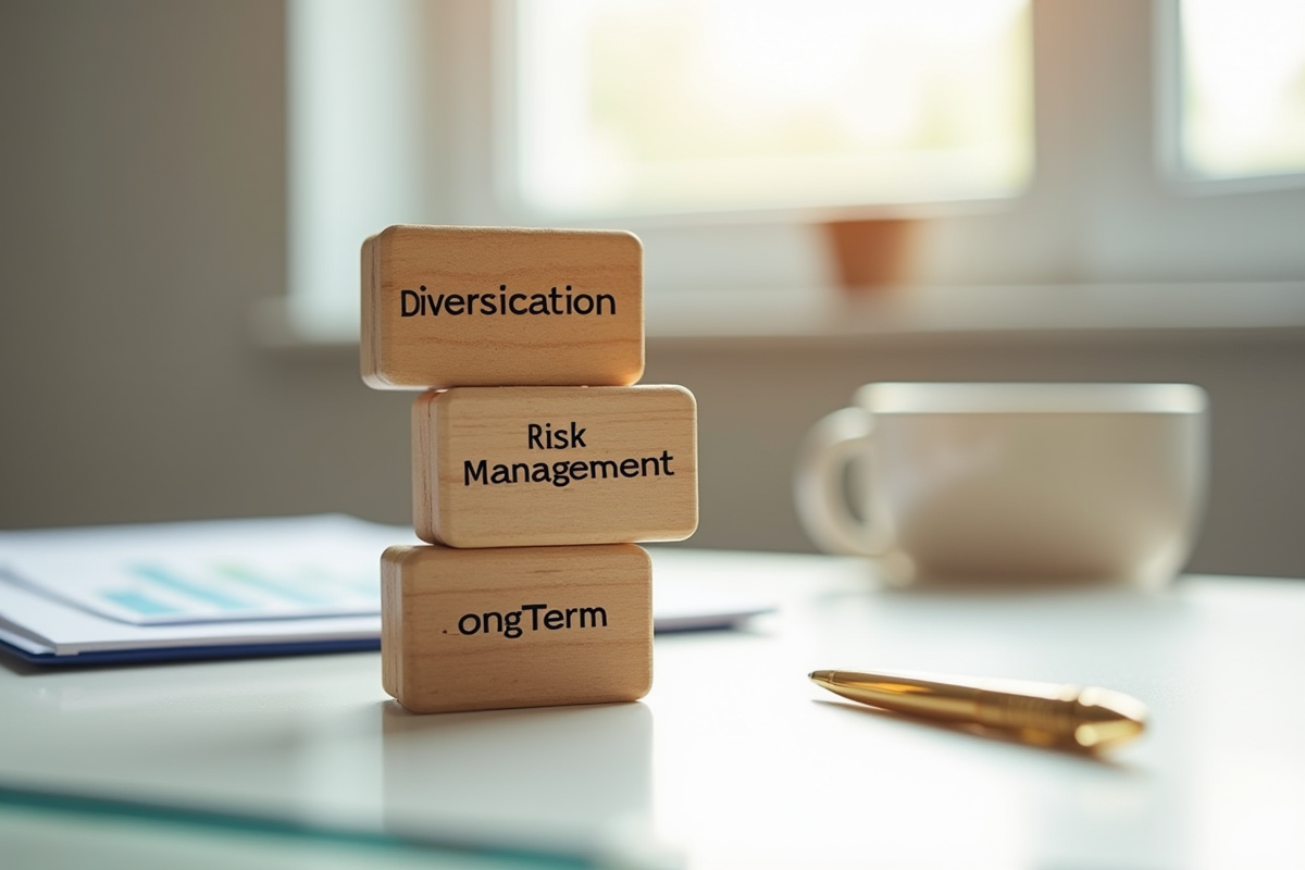 Blocs en bois sur un bureau avec mots diversification risque et long terme