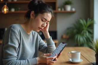 Femme bloquant un appel indésirable en 0424 sur un smartphone Android dans une cuisine moderne