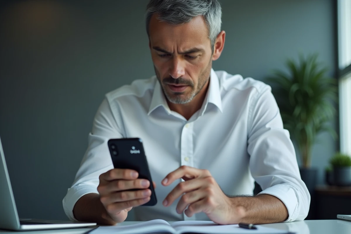 Homme bloquant un numéro en 0424 sur un iPhone dans un bureau minimaliste