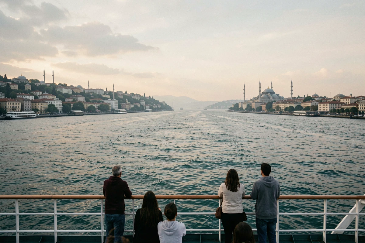 Vue depuis un ferry traversant le Bosphore à Istanbul, séparant les rives européenne et asiatique de la Turquie