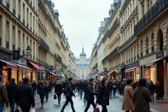 Boulevard parisien animé avec façades haussmanniennes et foule de piétons illustrant la densité urbaine des grandes villes françaises