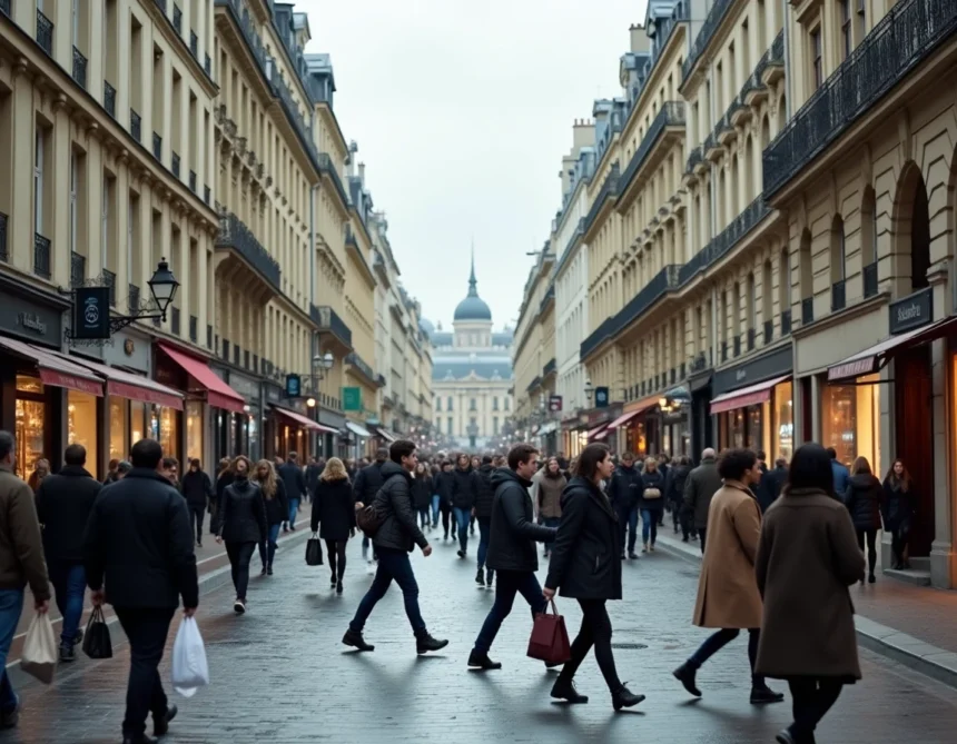 Boulevard parisien animé avec façades haussmanniennes et foule de piétons illustrant la densité urbaine des grandes villes françaises
