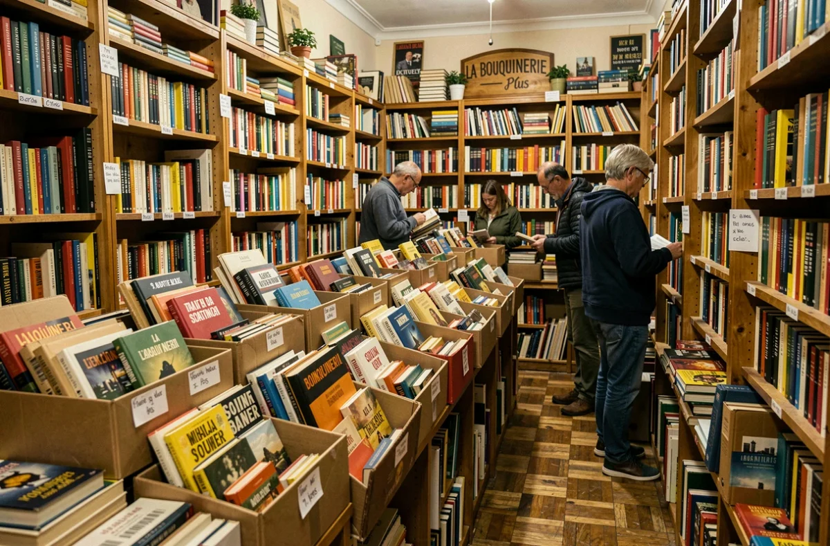 Rayons de livres d'occasion densément chargés de La Bouquinerie Plus à Mérignac, avec des clients fouillant des piles de romans et de magazines vintage