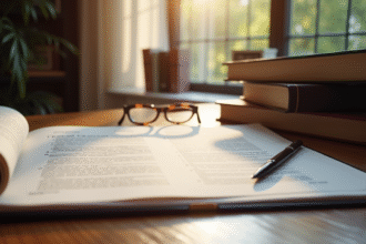 Bureau moderne avec livres de droit français et lunettes