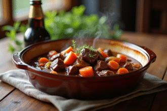 Carbonade flamande servie dans un plat en céramique rustique