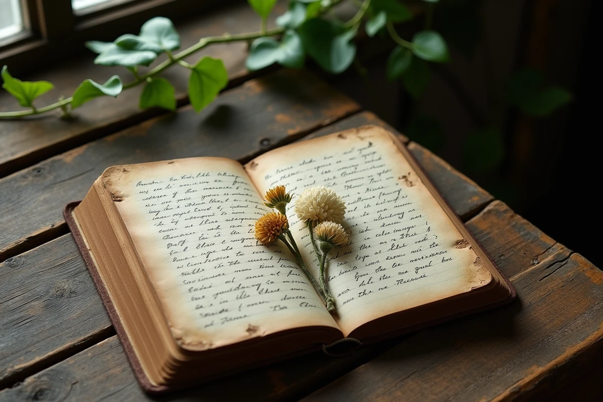 Carnet ancien ouvert avec fleur séchée sur une table en bois
