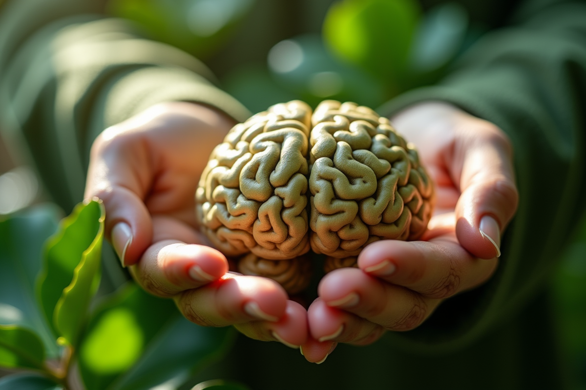 Objet en forme de cerveau tenu dans les mains avec des feuilles vertes
