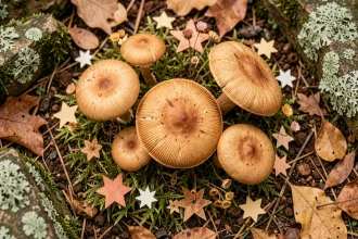 Champignons de forêt enchantée posés sur de la mousse verte avec des étoiles en papier pour coloriage magique