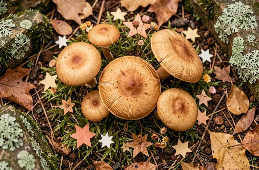 Champignons de forêt enchantée posés sur de la mousse verte avec des étoiles en papier pour coloriage magique