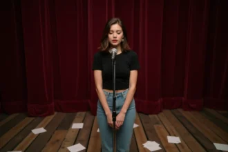Jeune femme interprétant une chanson sur scène de théâtre avec microphone vintage et feuilles de paroles manuscrites