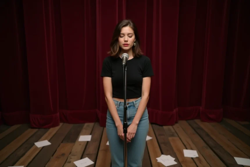 Jeune femme interprétant une chanson sur scène de théâtre avec microphone vintage et feuilles de paroles manuscrites
