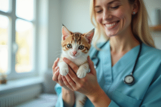 Chat Munchkin tenu par un vétérinaire souriant dans une clinique
