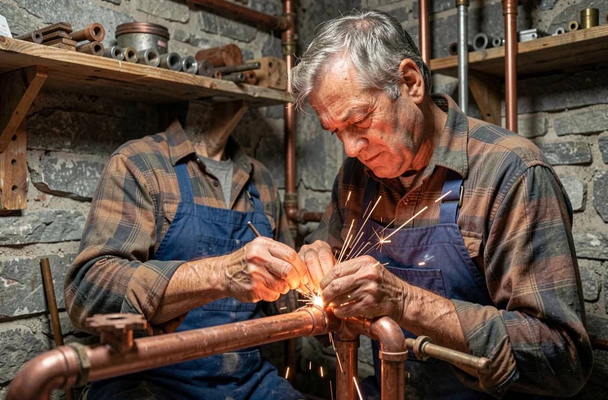 Artisan chauffagiste Guilbert Jurret en train de souder des raccords en cuivre dans une cave en pierre
