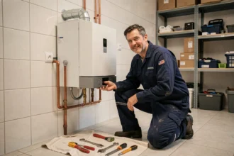 Chauffagiste professionnel en Indre-et-Loire intervenant sur une chaudière murale dans une chaufferie résidentielle