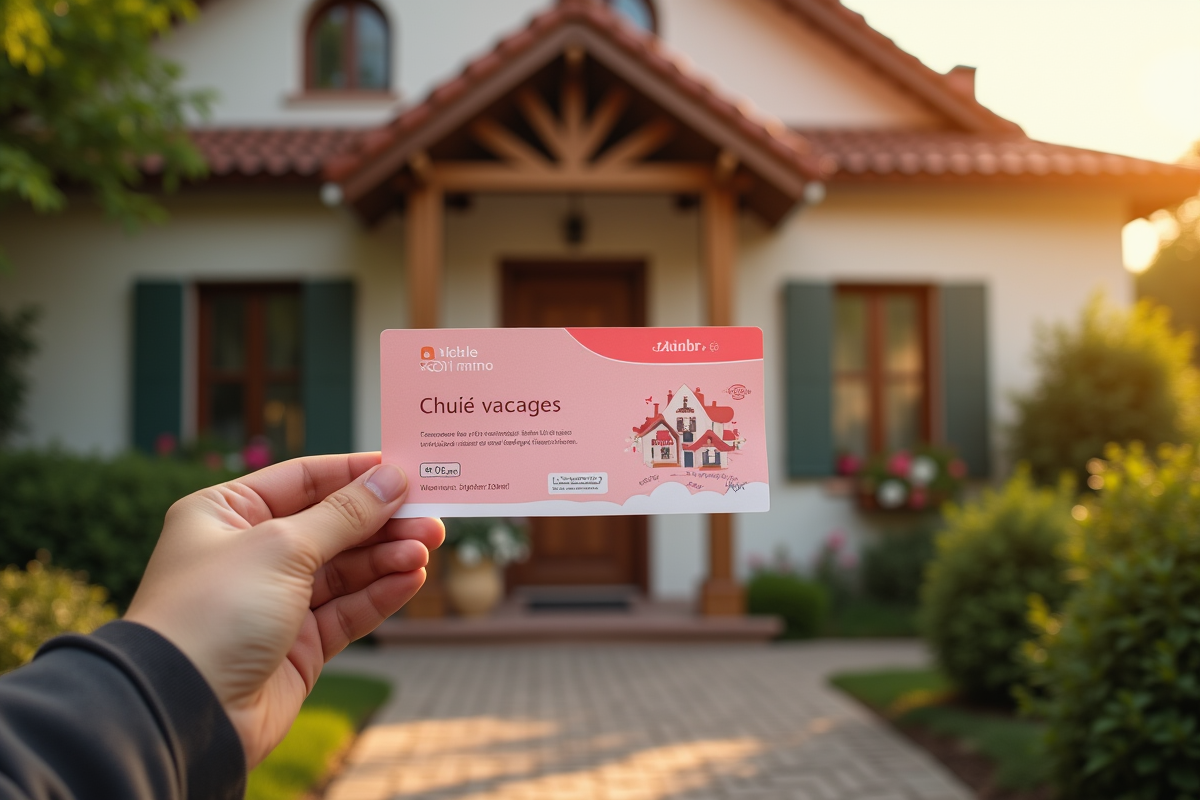 Main tenant un chèque vacances devant une maison Airbnb