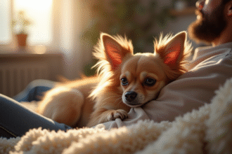 Chihuahua à poil long câlinant une personne détendue sur un canapé lumineux