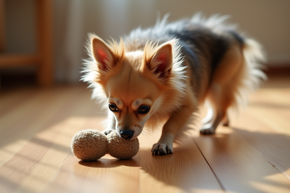 Chihuahua jouant avec un jouet sur un sol en bois clair